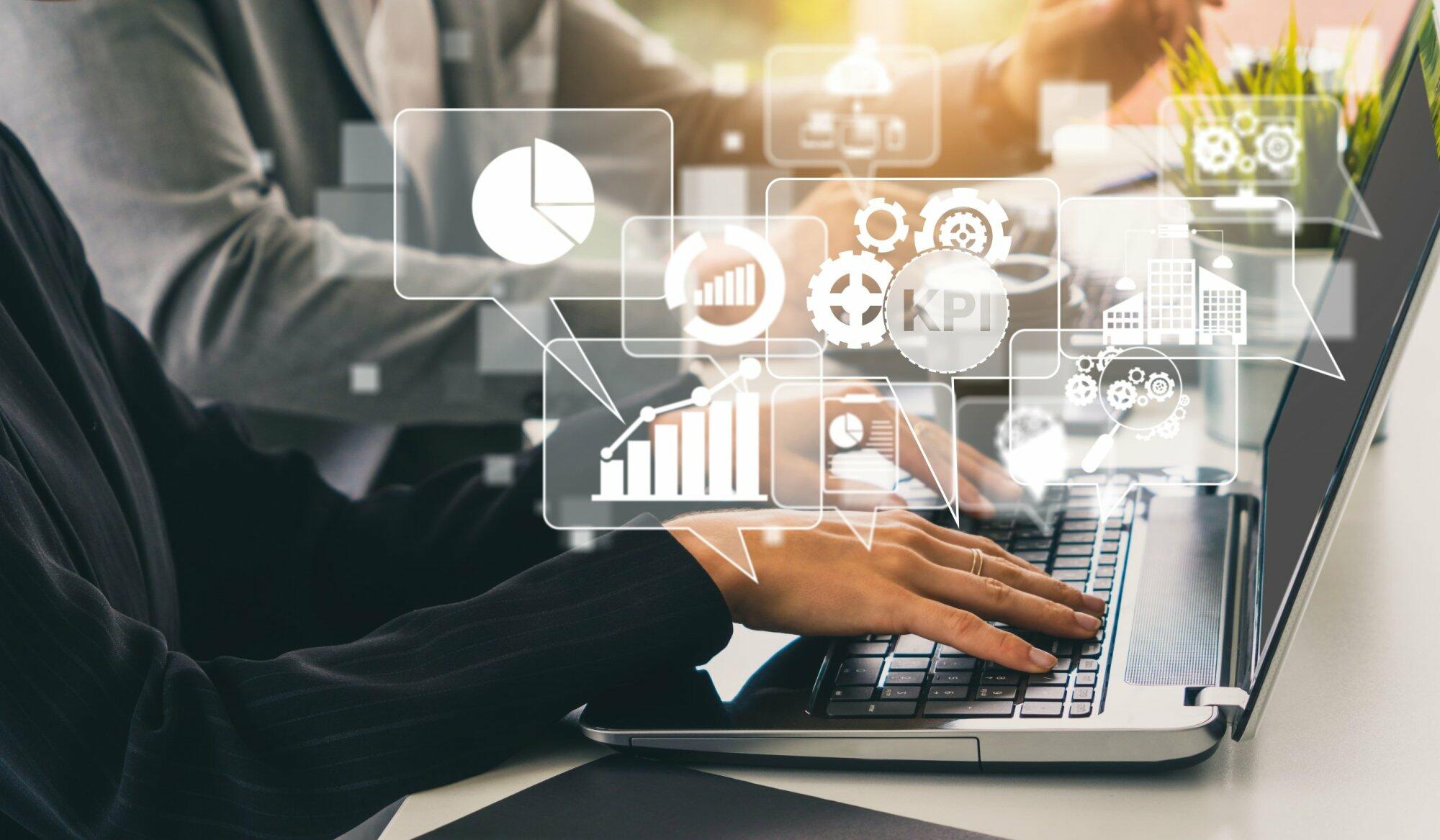 KPI Key Performance Indicator for Business Concept - Modern graphic interface showing symbols of job target evaluation and analytical numbers for marketing KPI management.