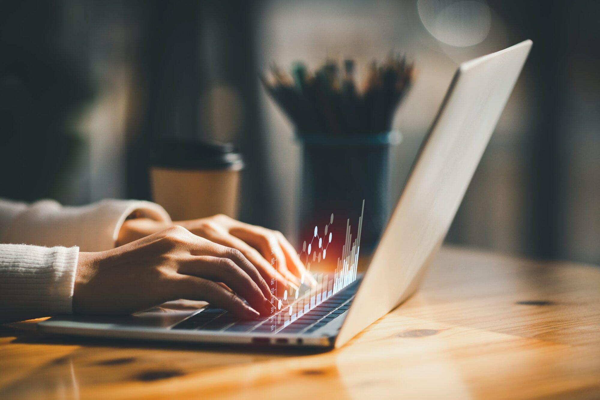Businessman working with modern computer calculator virtual dash