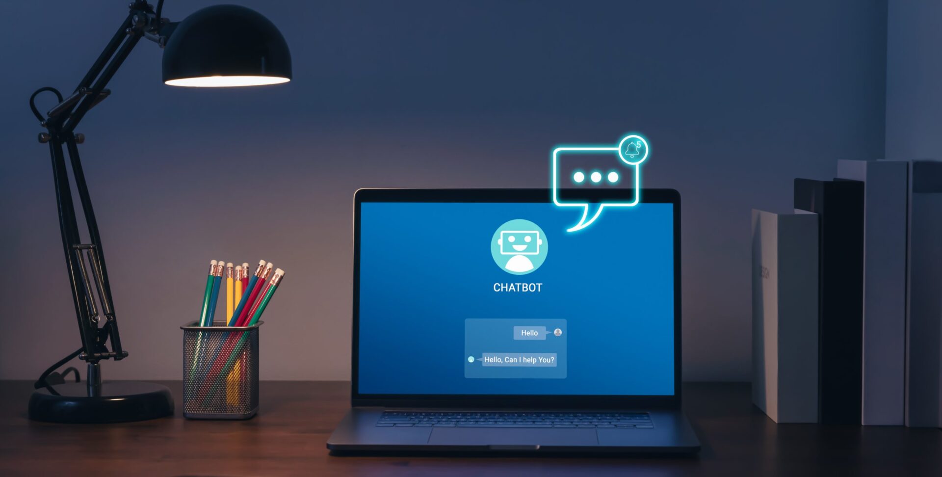 Digital chatbot and notifications message alert screen icon and sent to recipient on laptop, Artificial intelligence, innovation and technology. Digital chatbot and notifications message alert screen icon and sent to recipient on laptop, Artificial intelligence, innovation and technology.